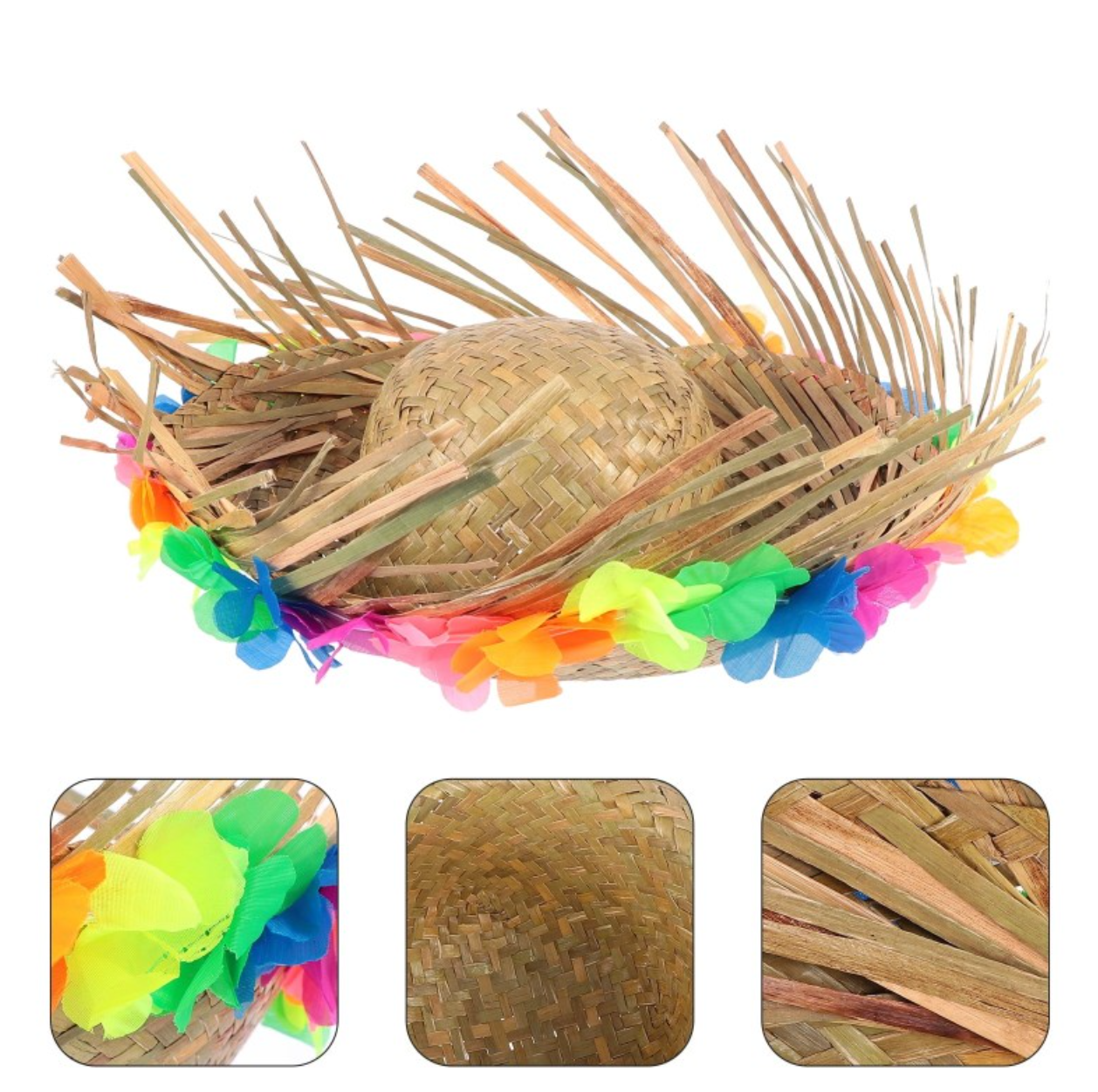 Natural Renkli Püsküllü Örme Hasır Hawaii Şapka