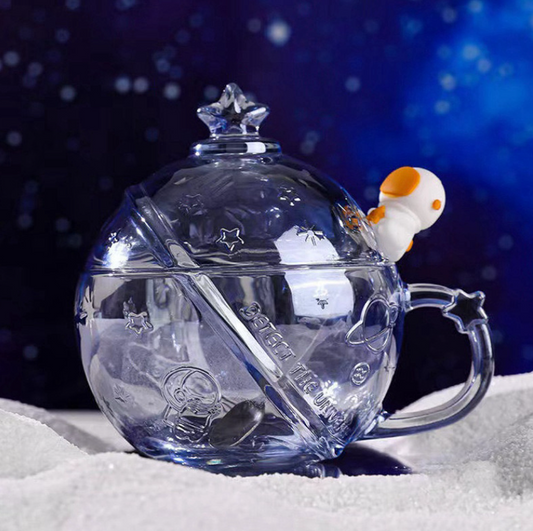 Astronot Kapaklı Kaşıklı Cam Kupa