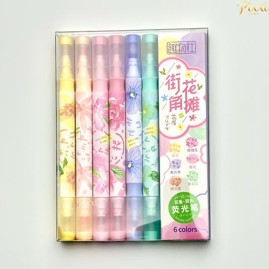 Çiçek Desenli Çift Uçlu Fosforlu Kalem Seti (6'lı)