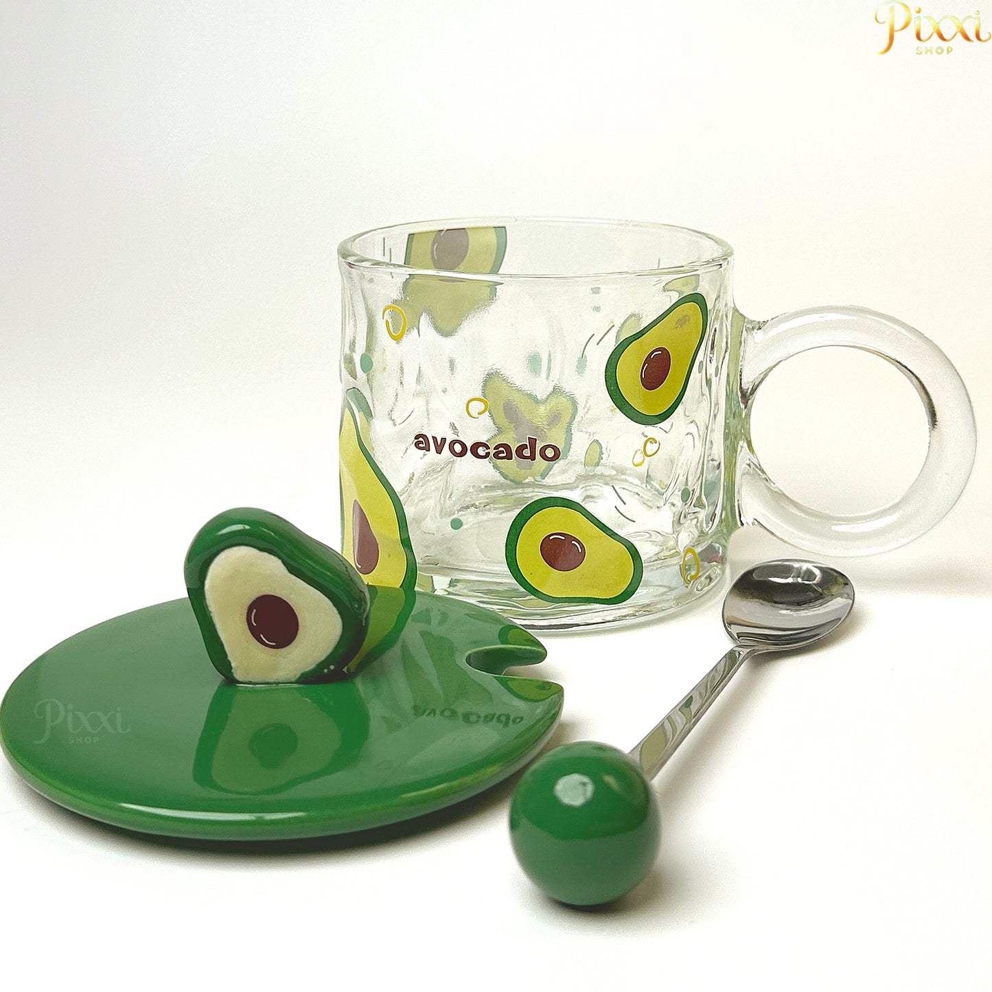 Avokado Tasarımlı Cam Kupa – Kapaklı ve Kaşıklı